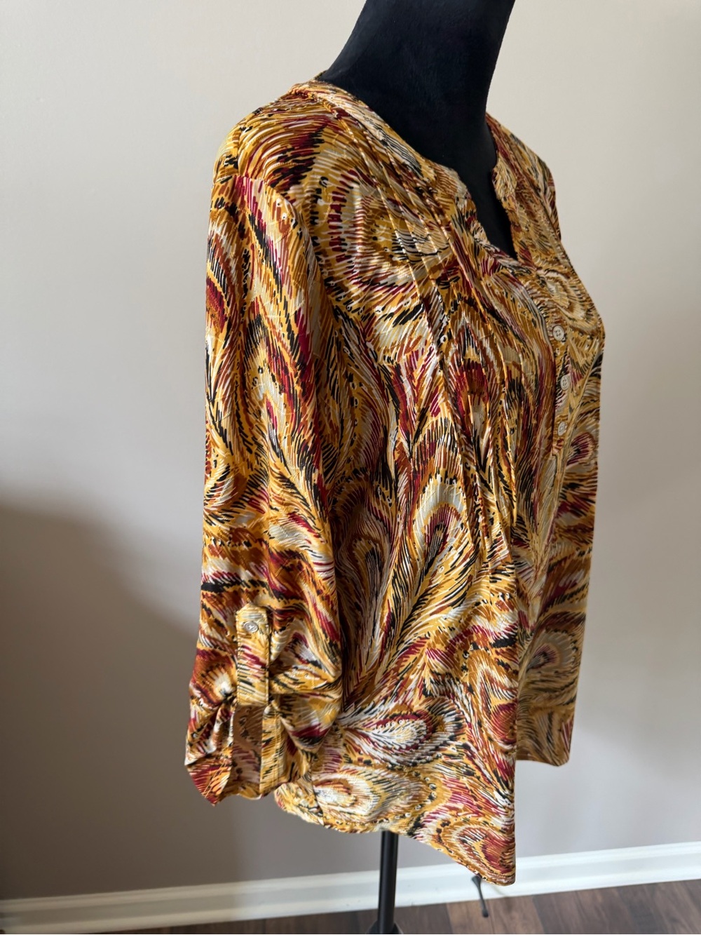 NY Collection Mustard Multi-Pattern Button Henley Top Large - Picture 3 of 9